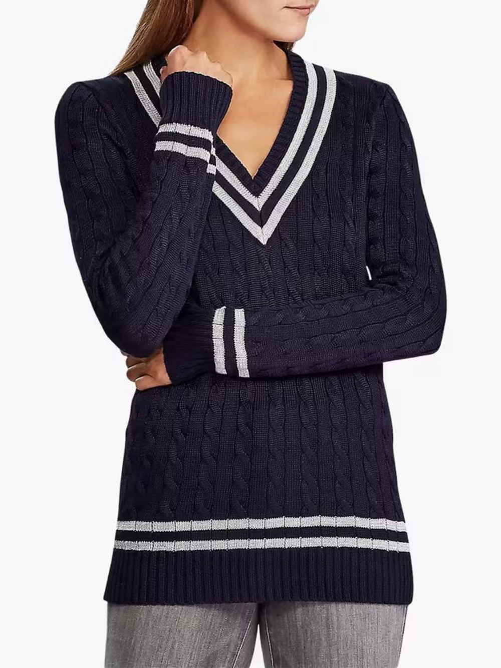 Lauren Ralph Lauren Metallic Cricket Sweater Navy Silver Preppy Knit Size XS